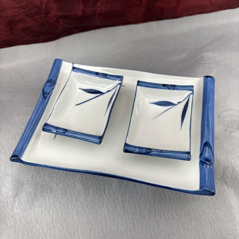 Vintage‎ Blue & White BAMBOO Design Sashimi Plate & Sauce Dishes 1970s Japan 3pc